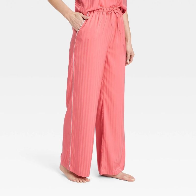 Photo 1 of L Women's Luxury Collection Shadow Striped Satin Pajama Pants - Auden Coral Red Relaxed Fit, Ankle Length, Elastic Waistband