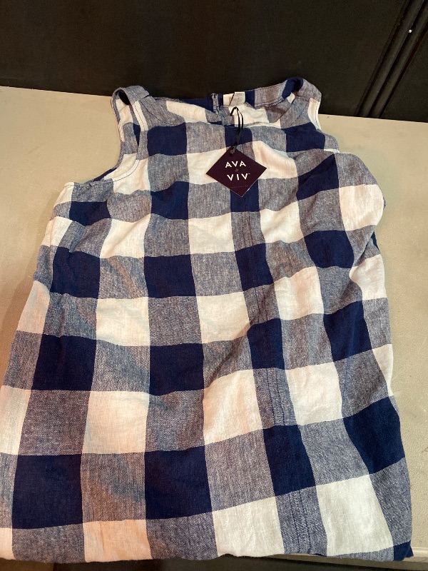 Photo 1 of 1X Women's Linen Woven Mini Shift Dress - Ava & Viv Navy Blue/White Gingham : Sleeveless, Keyhole Back, Seam Pocket
