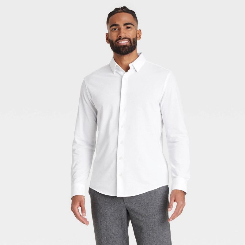 Photo 1 of L Men's Long Sleeve Button-Down Casual Shirt - Goodfellow & Co™ True White Cotton Blend, Recycled Polyester, Lightweight