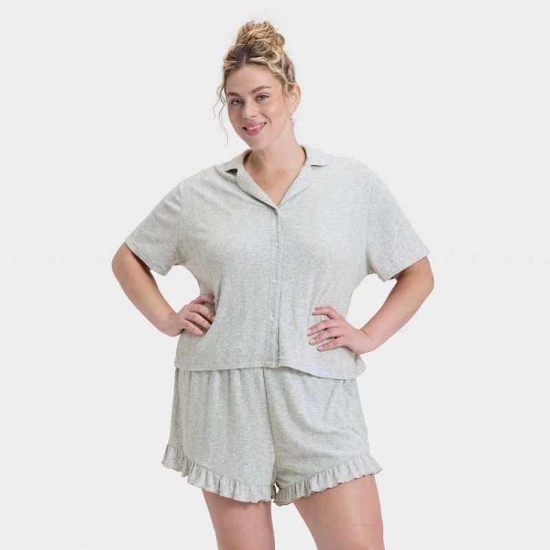 View 1 of M Women's Pointelle Notch Collar Shirt and Shorts Pajama Set - Wild Fable Gray