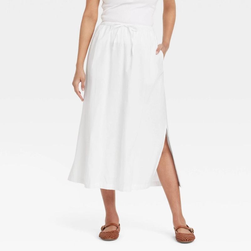 Photo 1 of M Women's Tie-Front MIDI a-Line Skirt - Universal Thread White High Rise, Side Pocket, Elastic Waistband