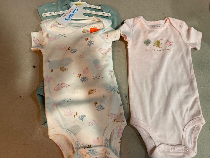 Photo 1 of 12M Carter's Just One You® Baby Girls' 3pk Bodysuit - Green/Pink/White Cotton Short Sleeve, Whale & Fish Pattern, Crew Neck