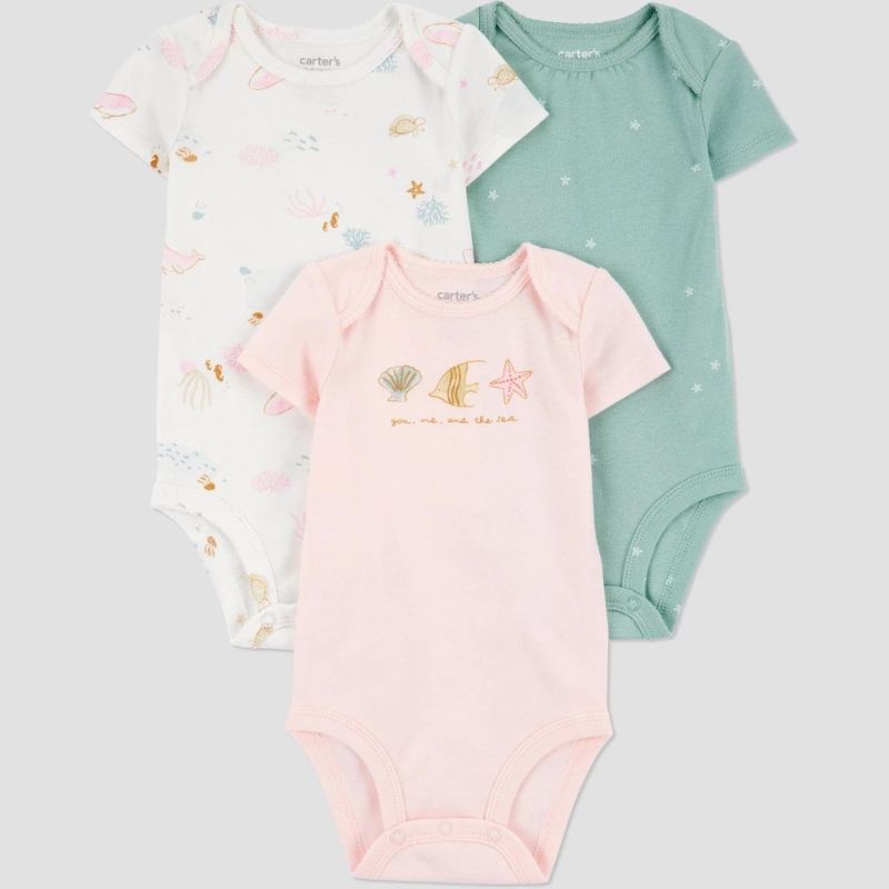 Photo 1 of 12M Carter's Just One You® Baby Girls' 3pk Bodysuit - Green/Pink/White Cotton Short Sleeve, Whale & Fish Pattern, Crew Neck