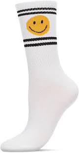Photo 1 of 9-11 Memoi Women's Smiley Face Athletic Double Stripe Crew Sock White