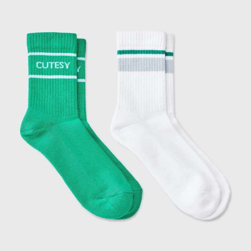Photo 1 of 4-10 Women's "Cutesy" Cushioned Ribbed 2pk Mid Crew Socks - Green/White/Blue