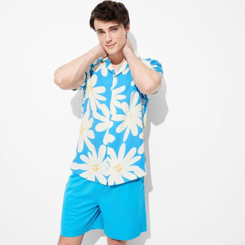 Photo 1 of (M) Men's Short Sleeve Resort Shirt - Original Use™ Blue M: Lightweight Rayon, Collared Button Down, Knit Fabric