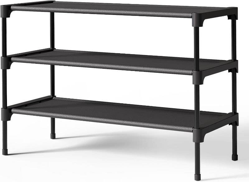 Photo 1 of Kitsure Shoe Rack - Non-Woven Shoe Rack Shelf, Shoe Organizer for Closet, Entryway, Garage & Corridor, Stackable Shoe Shelves, 27.5" Wide - 3 Tier, Black