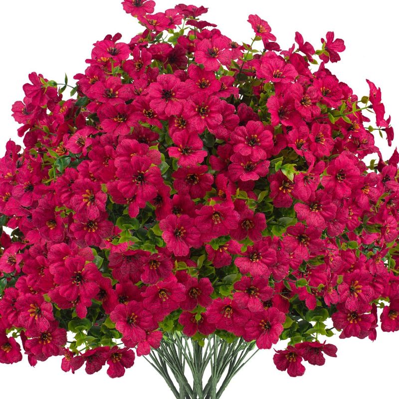 Photo 1 of Artificial Fake Flowers for Outdoor Spring Decoration, 16 Bundles Faux Silk Colorful Daisy UV Resistant Realistic for Outside Porch Patio Home Yard Garden Planters Pots Window Box (Rose Red)