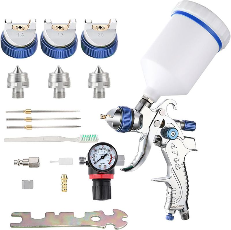 Photo 1 of ENDOZER Professional HVLP Spray Gun Set Gravity Feed Air Spray Gun with 1.4, 1.7, 2.0mm Nozzles 20oz 600cc with Gauge for Auto Paint, Primer, Clear/Top Coat & Touch-Up (Not Suitable for Latex Paint)