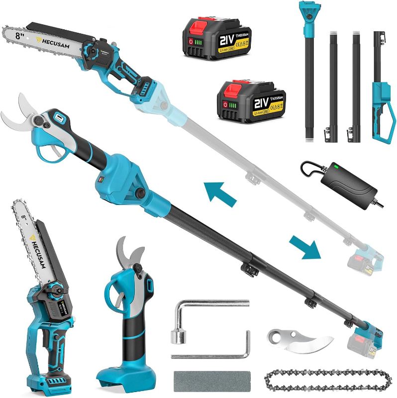 Photo 1 of 4-in-1 Cordless Pole Saw & Electric Pruning Shears – 8 Inch Mini Chainsaw, Brushless Motor, 2×4.0Ah Batteries, 14ft Extendable Pole for Tree Trimming