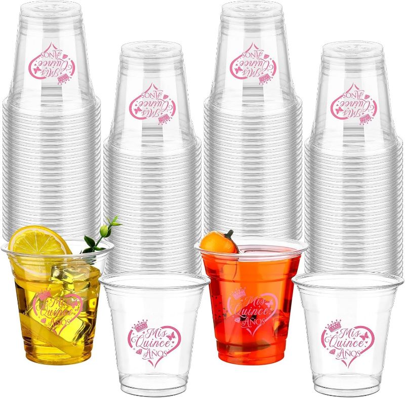 Photo 1 of (CONGRATS) 100 Pcs Quinceañera Plastic Cups Bulk 10oz Disposable Mis Quince Anos Clear White Reception Cup Sweet Party Favors for Guests
