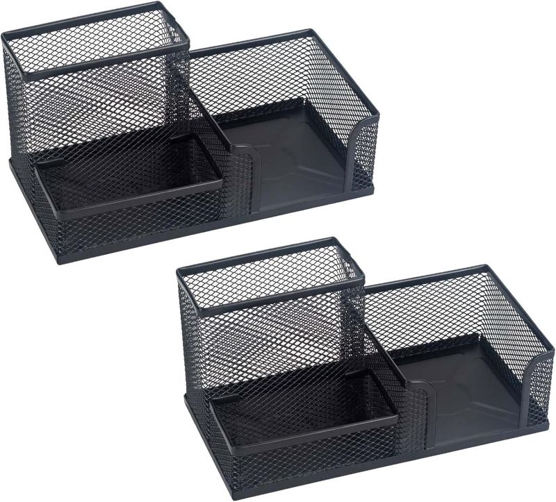 Photo 1 of 2 Pieces Mesh Pen Holder for Desk, 3 Compartments Metal Pencil Holder Desk Organizers Pen Cup for Office Supply Home School Desktop Accessories - Black