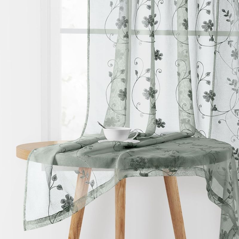 Photo 1 of HOMEIDEAS Sage Green Sheer Curtains 84 Inches Long 2 Panels Embroidered Floral Pattern Semi Sheer Window Curtains for Bedroom Living Room