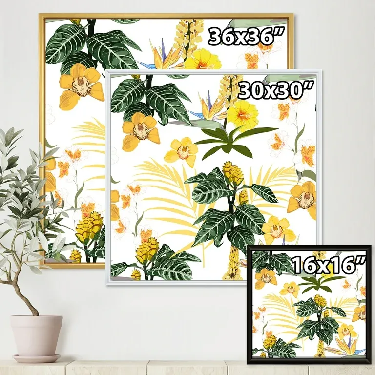 Photo 1 of 16x16 Designart 'Pattern Of Beautiful Yellow Flowers ' Modern Framed Canvas Wall Art Print (white) 