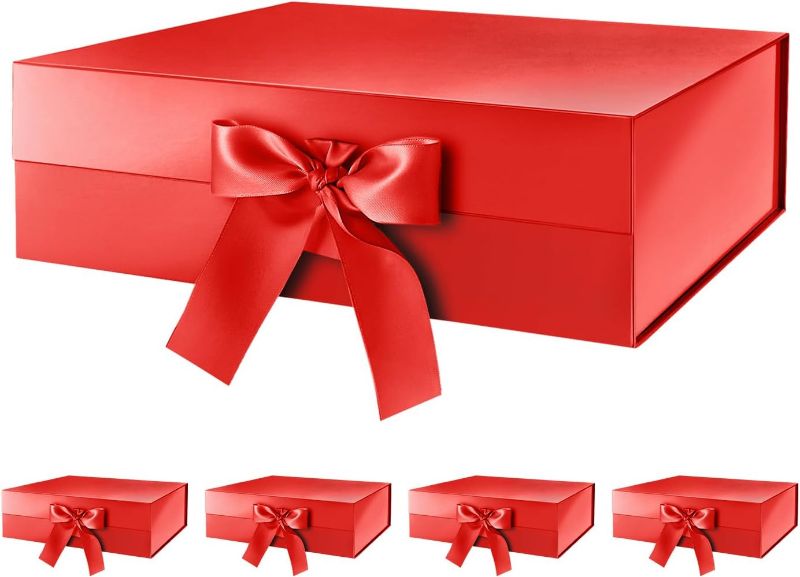Photo 1 of HAPPY POTATO 6 Large Christmas Gift Boxes with Ribbon 13.5x9x4.1 Inches, Red Gift Boxes with Lids, Bridesmaid Proposal Boxes, Magnetic Gift Box for presents (Glossy Red, Pack of 6)