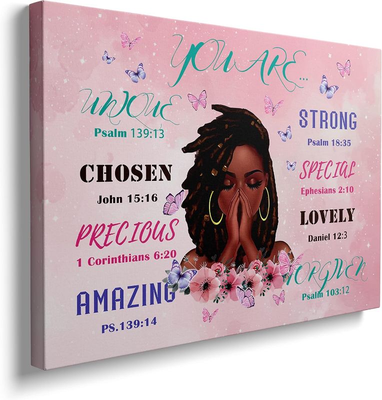 View 1 of African American Inspirational Girl Wall Art Pink Canvas - Christian Gifts For Women - Motivational Artwok- Spiritual Scripture Christian Wall Decor- Black Girl Magic Prints - Bible Verse Wall Art (16x24 Inch)