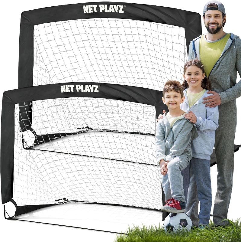 Photo 1 of NET PLAYZ Soccer Goals Soccer Net - Kids Pop-up Football Goals for Backyard Practice & Training, Portable Set of 2, Black, 4 x 3 Ft (NOS27340A01)