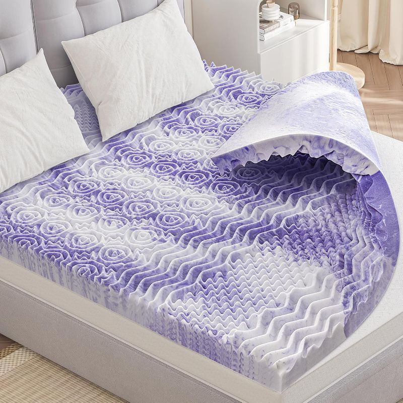 Photo 1 of 3 Inches Full Mattress Topper, 7-Zone Egg Crate Foam Mattress Topper Full Size for Back Pain, Lavender Cooling Gel Infused Mattress Pad for Comfort Sleeep
