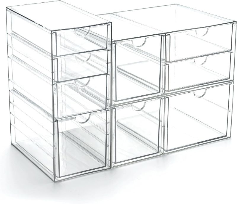 View 1 of Prsildan Acrylic Drawer Makeup Organizer with 9 Drawers, Set of 3 Office Desk Organizers Accessories, Clear Stackable Storage Drawers for Vanity, Countertop, Craft, Jewelry, Art Supply Organization