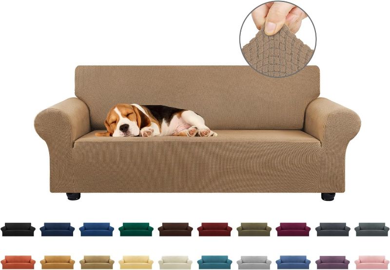 Photo 1 of KEKUOU Stretch Loveseat Sofa Cover Slipcover,Couch Covers for 2 Cushion Couch Sofa (55"-78") Furniture Protector Sofa with Elastic Bottom for Kids,Dog. Jacquard Small Checked(Medium,Camel)