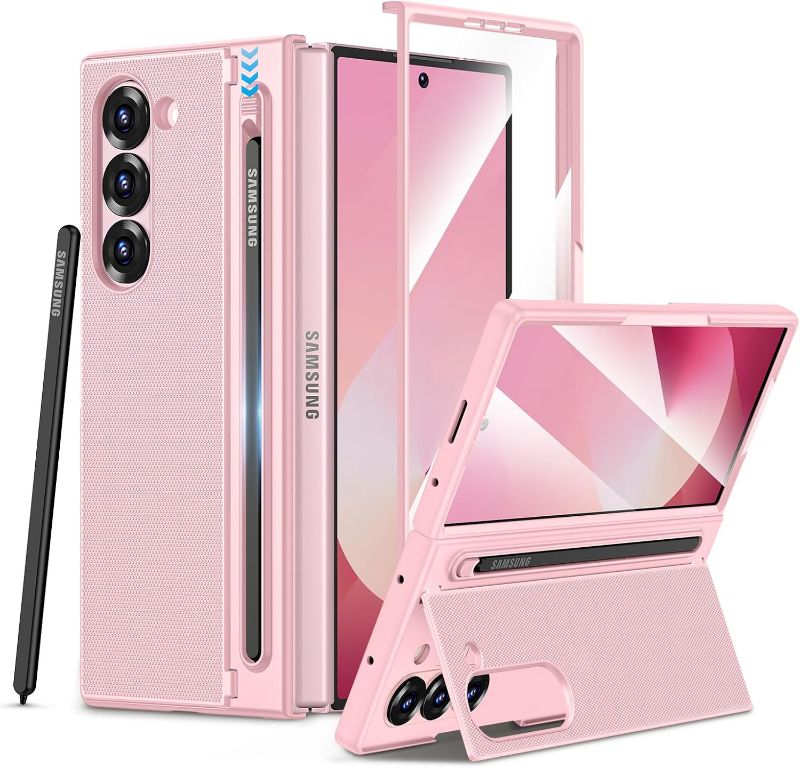 Photo 1 of Maxdara for Z Fold 6 Case, Galaxy Z Fold 6 Case with S Pen Holder, Built-in Kickstand and Screen Protector Support Wireless Charging Shockproof Slim Phone Cover, Pink