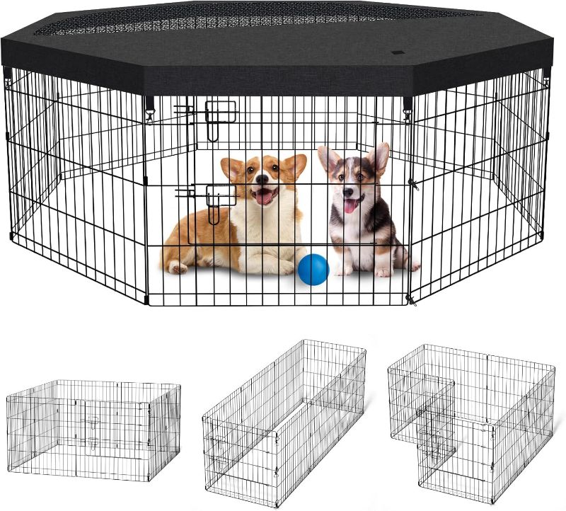 Photo 1 of Dog Pen Pet Playpen Dog Fence Indoor Foldable Metal Wire Exercise Puppy Play Yard Pet Enclosure Indoor Outdoor 8 Panels 24 Inch with Bottom Pad/Top Cover (Black with top Cover)