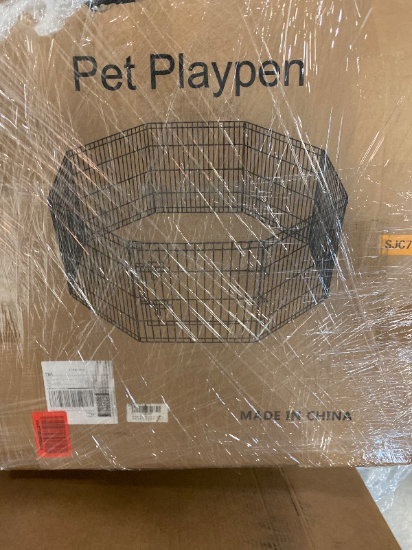 Photo 1 of Dog Pen Pet Playpen Dog Fence Indoor Foldable Metal Wire Exercise Puppy Play Yard Pet Enclosure Indoor Outdoor 8 Panels 24 Inch with Bottom Pad/Top Cover (Black with top Cover)