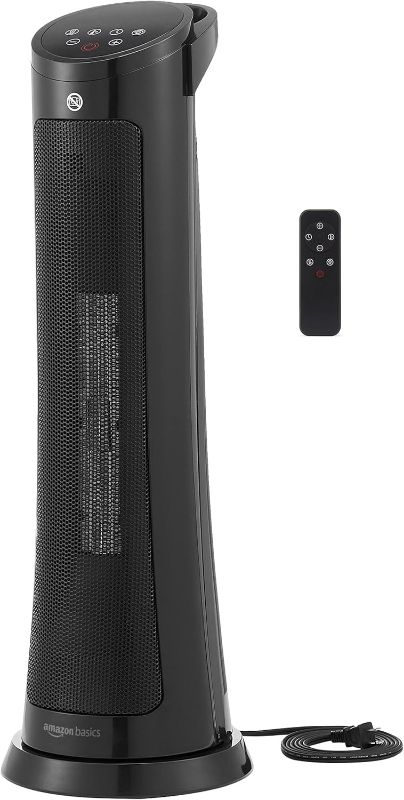 Photo 1 of Amazon Basics 28-Inch Oscillating Tower Heater, With Over-Heat and Tip-Over Protection, 2 Heat Settings and Fan Mode, Timer, Remote Control, LED Display, 1500W, Black, 9.4"D x 9.4"W x 28.6"H