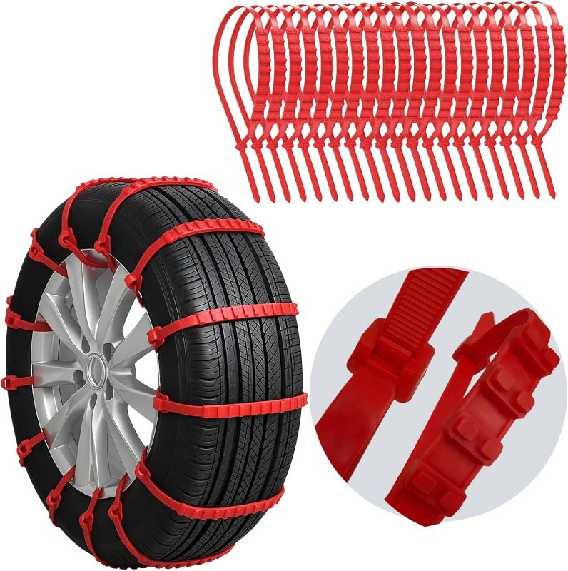 Photo 1 of 20-PCS Snow Tire Chains, Universal Emergency Tire Chains, Adjustable Plastic Anti-Skid Ties,Safety Chains for Most Cars Trucks and SUV, Reusable Portable Safety Anti-Slip Tire Chains (Red)