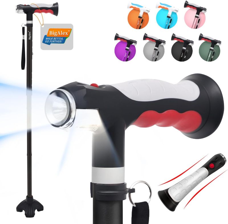 Photo 1 of BigAlex Folding Walking Cane with Two Led Lights for Elderly Solid Base Adjustable Walking Stick with Carrying Bag for Men Women