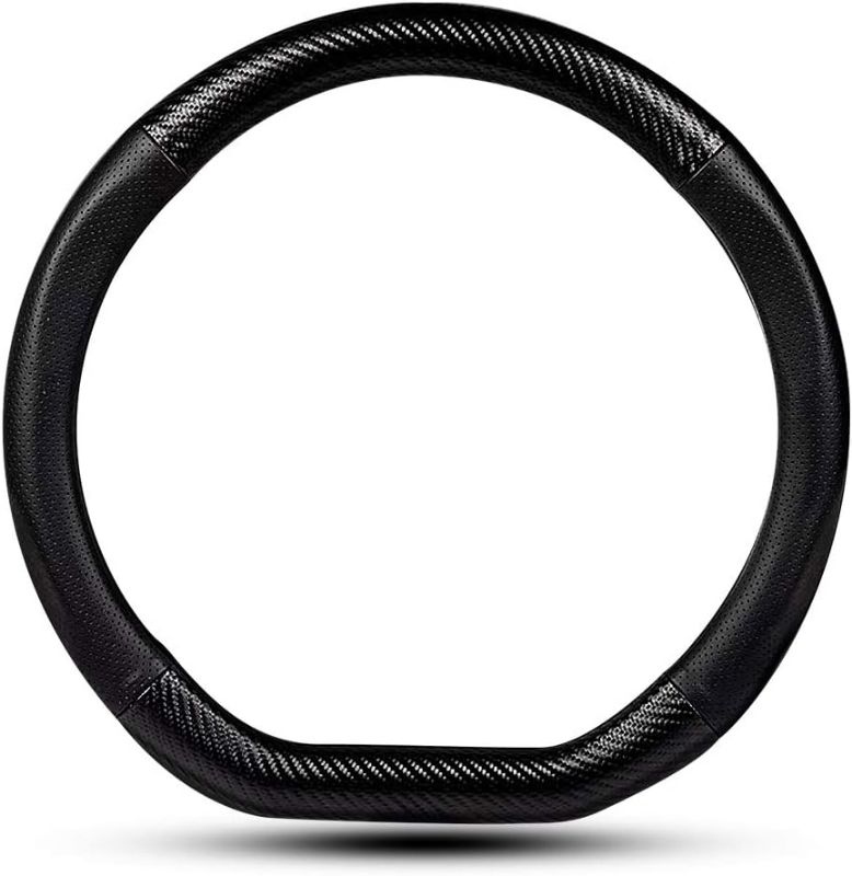 Photo 1 of Car Carbon Fiber and Leather D-Shape Steering Wheel Cover, Stylish car Non-Slip Leather car Interior 15 inches Universal Black