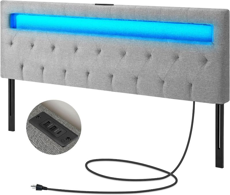 Photo 1 of GREENSTELL Headboard for Full Size Bed with 60,000 DIY Color of LED Light, USB & Type C Post, Attach Frame, Height Adjustable, Gray Wall Mounted Head Boards Only, Sturdy & Stable, Comfortable, Full
