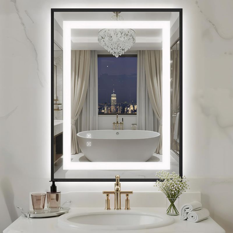 Photo 1 of 24X32 Inch LED Bathroom Mirror with Lights, Black Frame Frontlit+ Backlit Bathroom Vanity Mirror for Wall, Ultra-Clear Tempered Glass, Shatter-Proof, Anti-Fog and Memory Function, ETL Listed