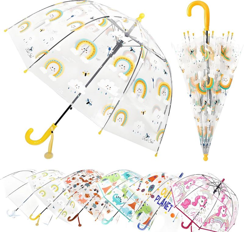 View 1 of MRTLLOA Kids Clear Bubble Umbrella with an Easy Grip Curved Handle, Safety Transparent Dome Bubble Umbrella for Toddler Boys Girls