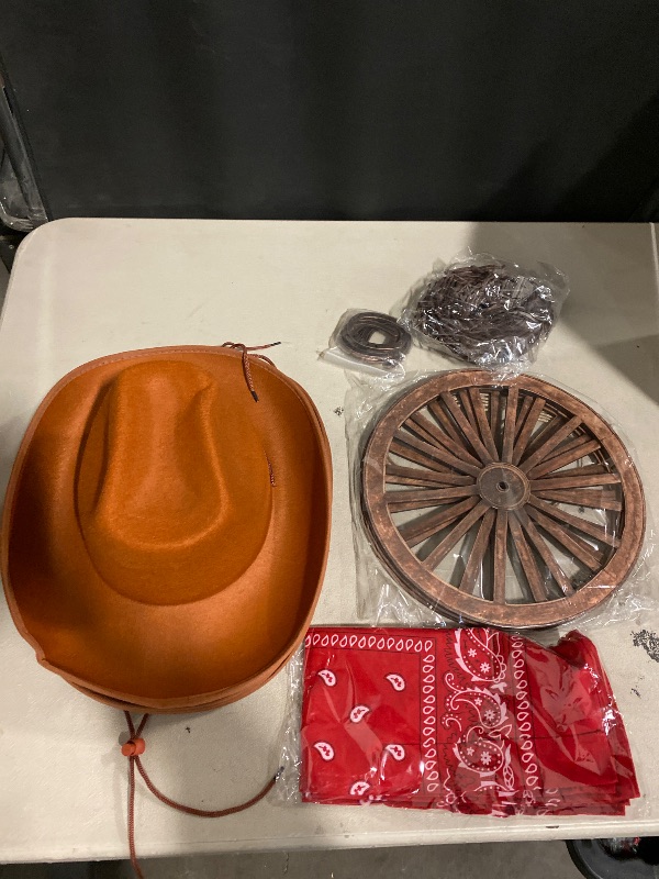 Photo 1 of Cozypower 24 Pcs Western Theme Party Decorations Include Cowboy Hats Paisley Bandanas Wagon Wheel Mini Horseshoe with Rusty Barbwire Cord Decoration for Cowboy Themed Party Centerpieces Brown, Red