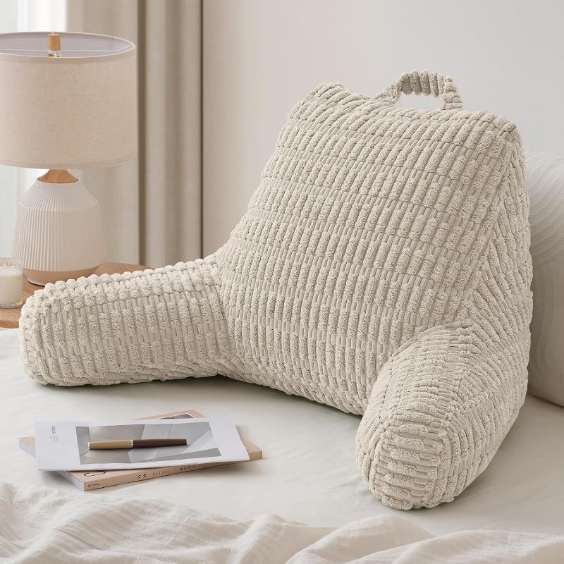 Photo 1 of Blissful Diary Reading Pillow, Large Backrest Pillow with Shredded Memory Foam for Adult & Children, Designed for Bed and Couch Sitting Up, Includes Arms, Pockets and Washable Cover, Off White