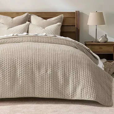 Photo 1 of EVERGRACE Luxury Pearl Velvet Quilt Set King Size, 3 Pieces Lightweight Channel Tack-Stitch Velvet Comforter Set with 2 Shams, Quilted Bedspread Coverlet for All Season, Stone Taupe, 104"x92"