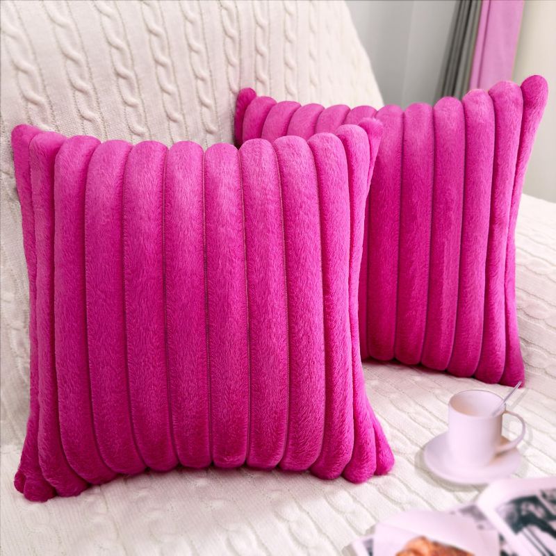 Photo 1 of 2 Pack 18x18 Pillow Cover Velvet Pillow Covers, Faux Fur Square Throw Pillow Covers for Living Room Decorations Throw Pillow Case, Throw Pillow Cover Cushion Cover for Sofa Bedroom Car, Hot Pink