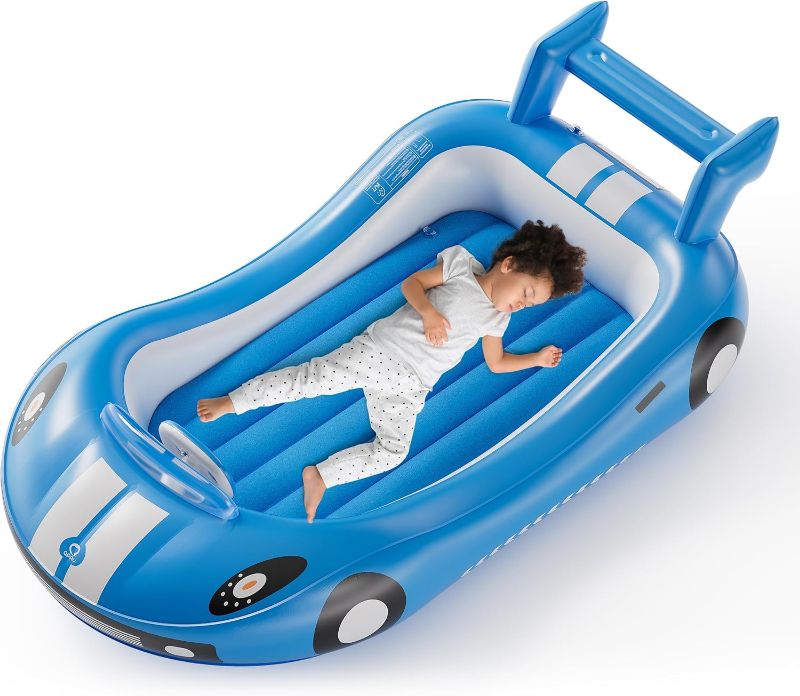 View 1 of QPAU Blow up Inflatable Toddler Travel Bed with Sides, Toddler Air Mattress for Camping, Traveling, Hotel, or Home Use, Hand Pump Included (Blue)