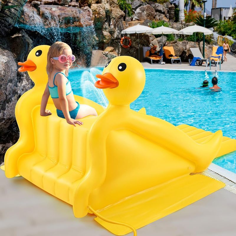 Photo 1 of 98 Inch Giant Inflatable Duck Pool Slide Large 3D Inflatable Water Slide Outdoor Water Play Summer Swimming Pool Play Game Toy for Kids and Adults Above Ground Parties