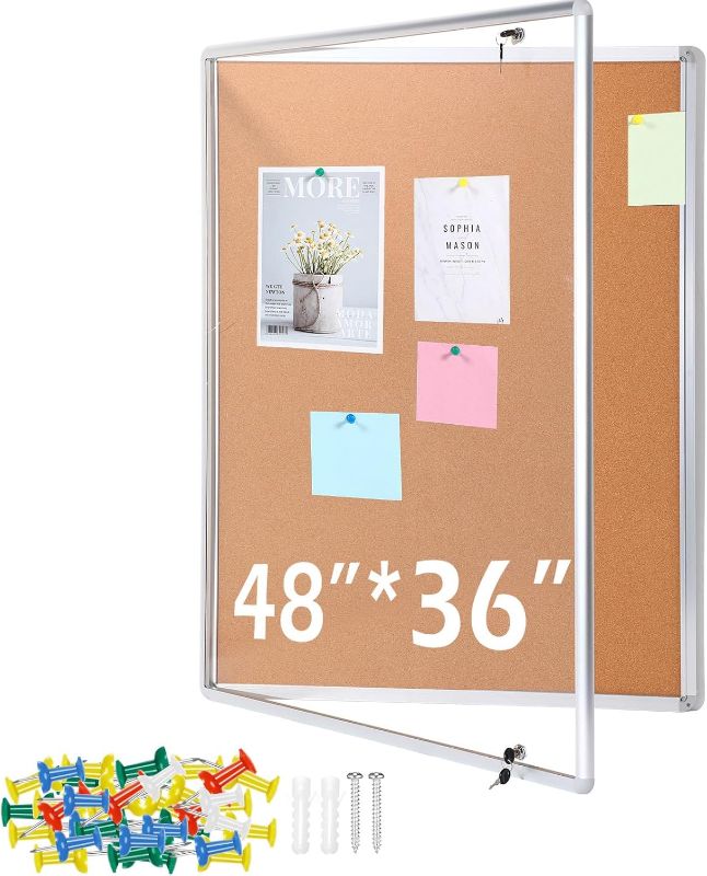 Photo 1 of Cholemy Enclosed Bulletin Lockable Cork Case Notice Board 48 x 36 Inch Weatherproof Bulletin Board with Aluminum Frame Mounting Screws Outdoor for School Office Wall Display Pictures(Silver)
