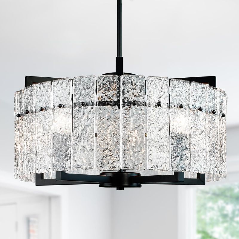 View 1 of IKK Modern Black Crystal Chandeliers for Dining Room, Luxury Water Ripple Glass Light Fixture, Elegant Farmhouse Round Lighting for Kitchen Island, Bar Table, D20