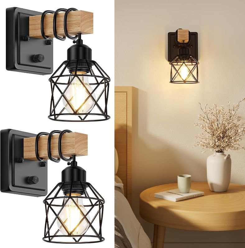 Photo 1 of FadimiKoo Dimmable Wall Sconces Set of Two, Bedside Wall Mounted Lamp with Rotary Switch, Wooden Black Bathroom Light Fixtures with Metal Cage, Hardwired Farmhouse Wall Lights for Bedroom, Living Room