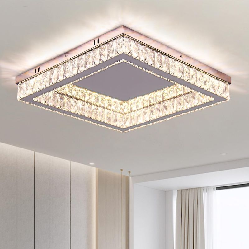 Photo 1 of Finktonglan Dimmable 17.7 inch Square Crystal LED Ceiling Lights Modern 2 * 28 Watts Flush Mount Ceiling Light Fixture with Adjustable Brightness and CCT for Living Room Dining Room, Remote Included