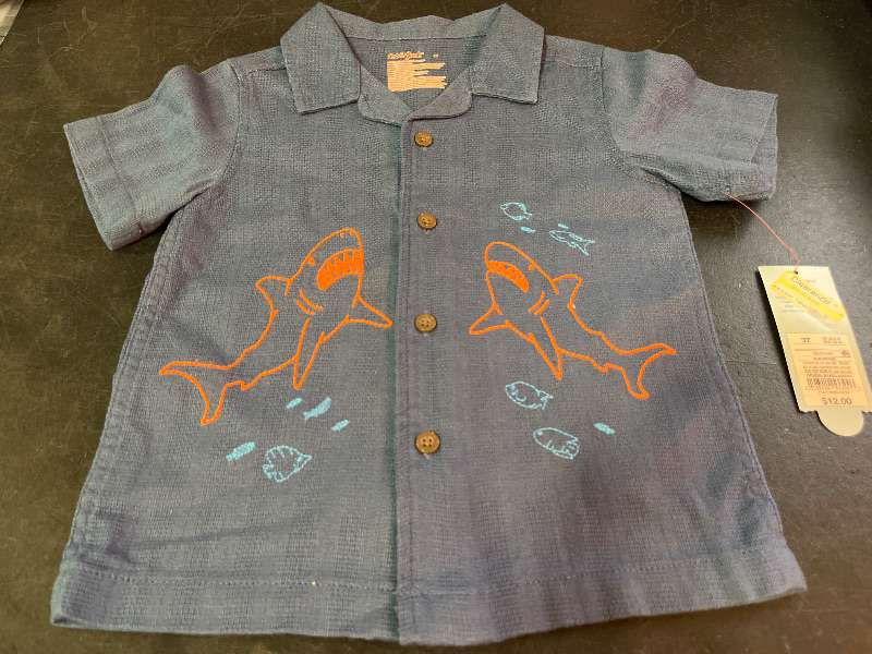 Photo 1 of 3T Toddler Boys' Embroidered Shark T-Shirt - Cat & Jack™ Dark Blue 3T: Cotton Blend, Recycled Polyester, Midweight, Button Down
