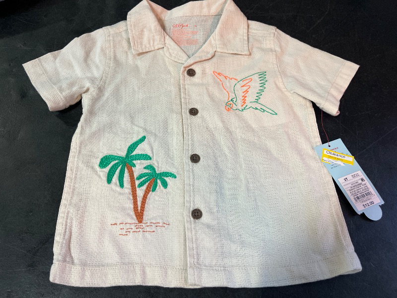Photo 1 of 2T Toddler Boys' Embroidered Tropical T-Shirt - Cat & Jack™ Cream 2T: Bird Pattern, Button Down
