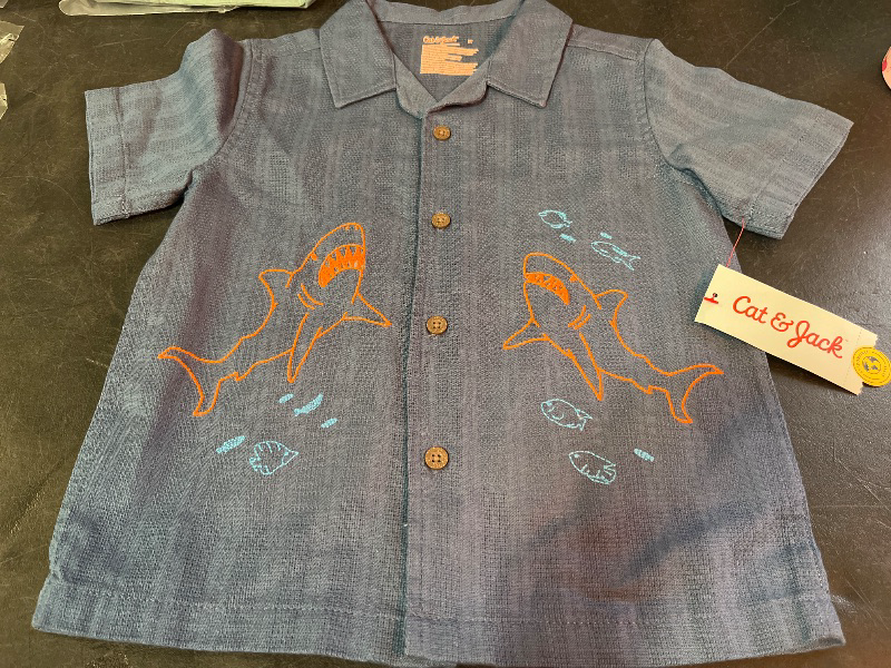 Photo 1 of 5T Toddler Boys' Embroidered Shark T-Shirt - Cat & Jack™ Dark Blue 5T: Cotton Blend, Recycled Polyester, Button Down, Camp Collar
