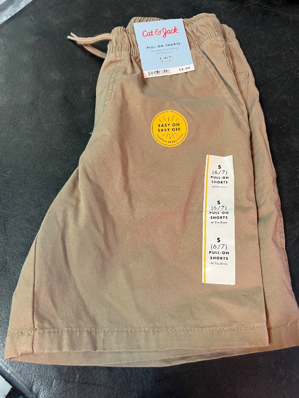 Photo 1 of S(6/7) Boys' Playwear 'at the Knee' Pull-on Shorts - Cat & Jack™ Dark Khaki S: Cotton Twill, Side & Patch Pockets, Drawstring Waist
