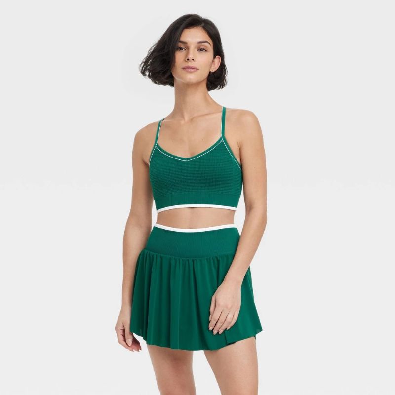 Photo 1 of L Women's Seamless Light Support Tipped Longline Sports Bra - All in Motion™ Dark Green L: Moisture Wicking, Quick Drying, Adjustable Strap
