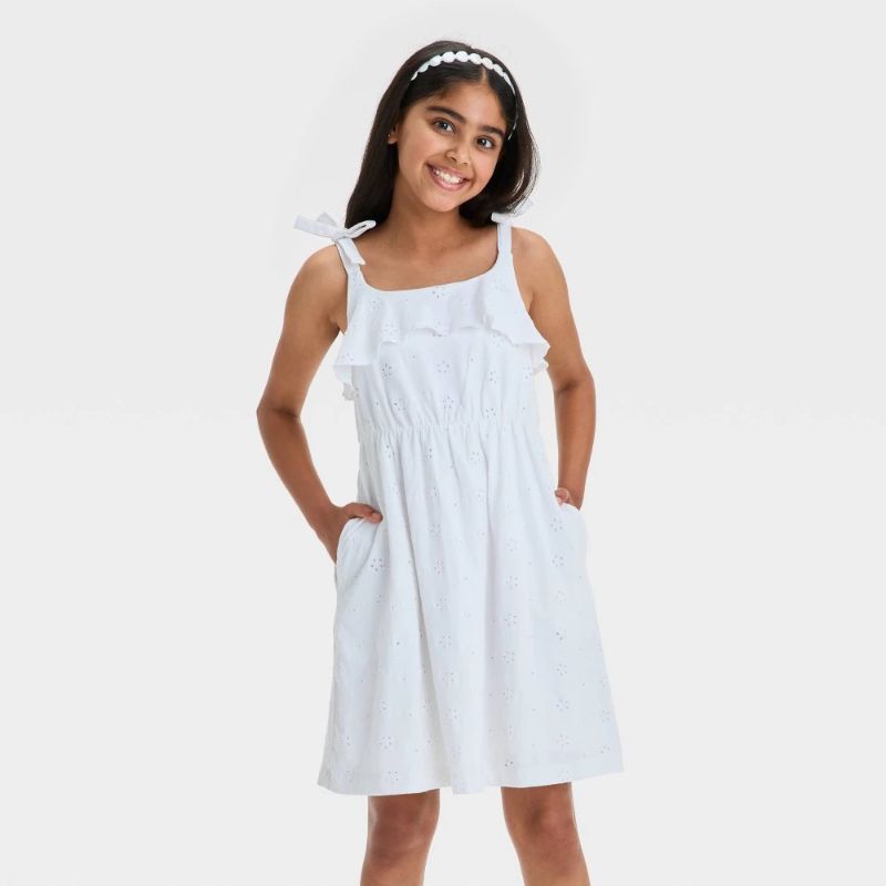Photo 1 of L Girls' Sleeveless Knit Eyelet Dress - Cat & Jack™ White L: Midweight a-Line, Embroidered, Side Pocket
